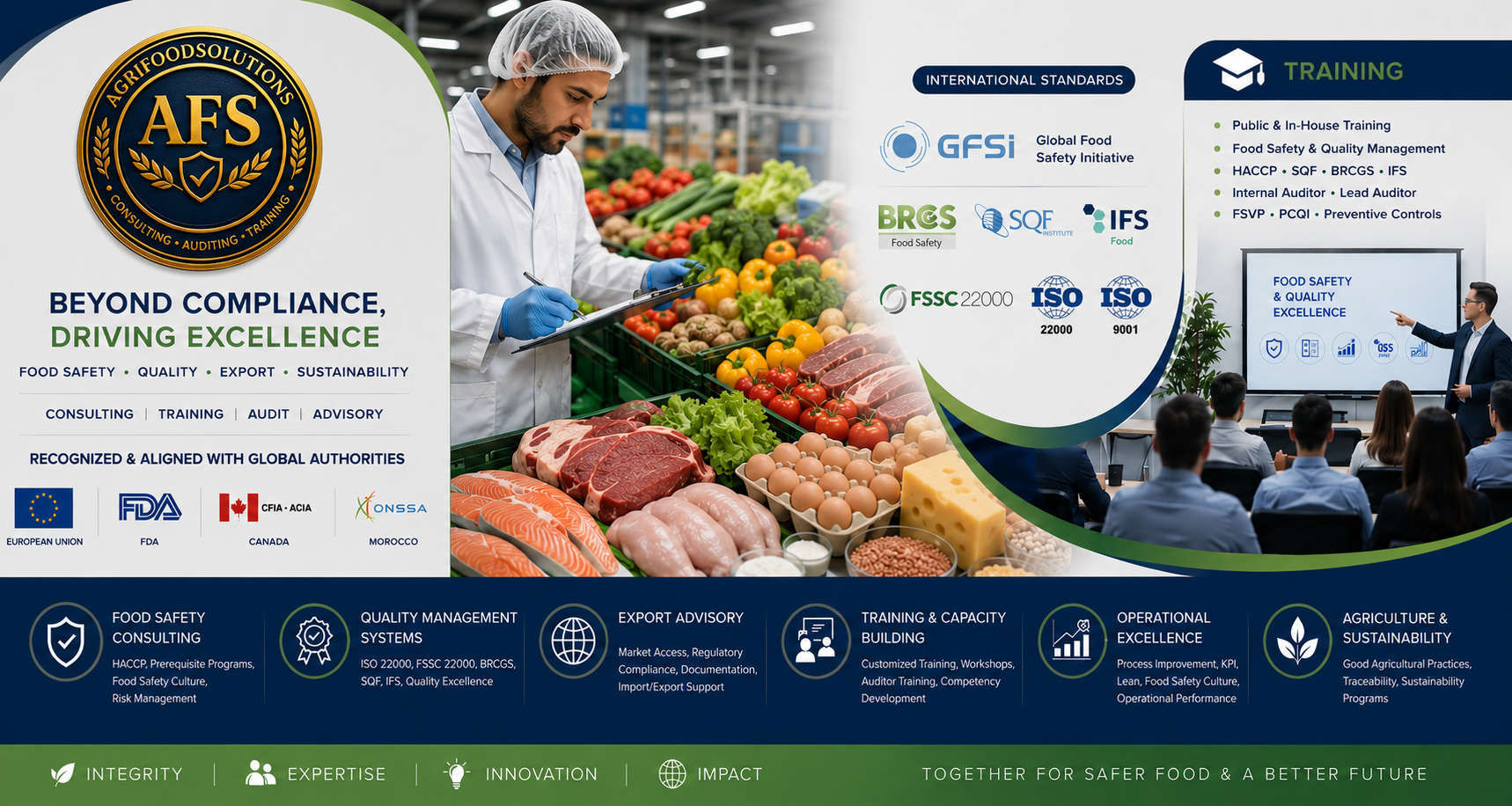 AFS Group overview — food safety, quality, export and sustainability services, recognized and aligned with EU, FDA, CFIA and ONSSA